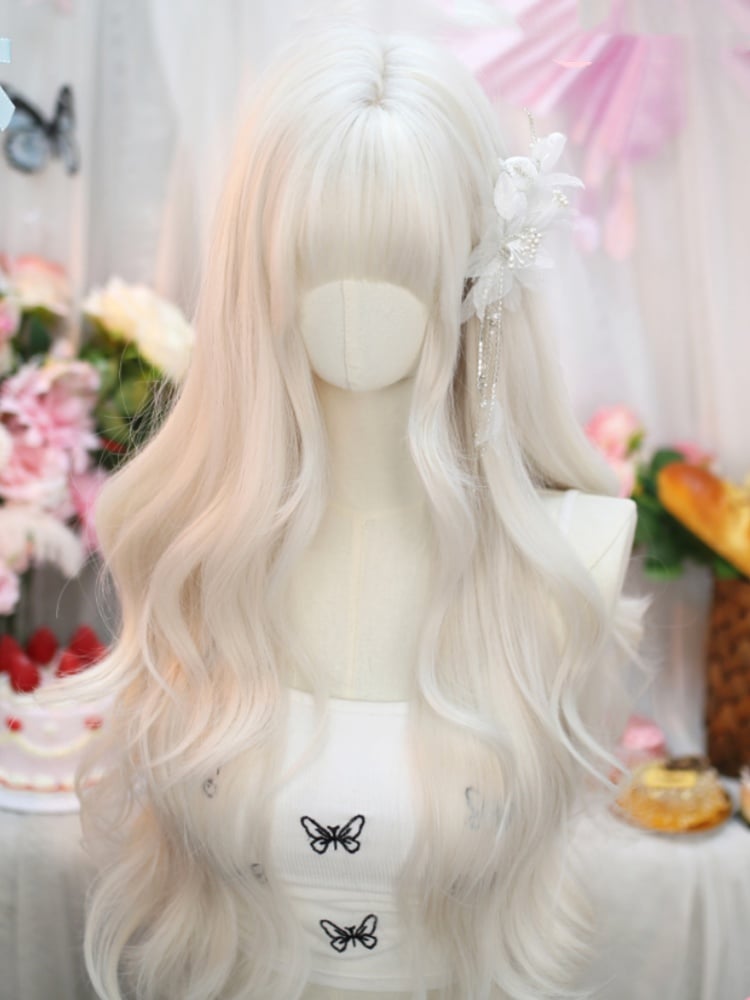 Creamy White Under Bust Length Wavy Wig with Full Bangs