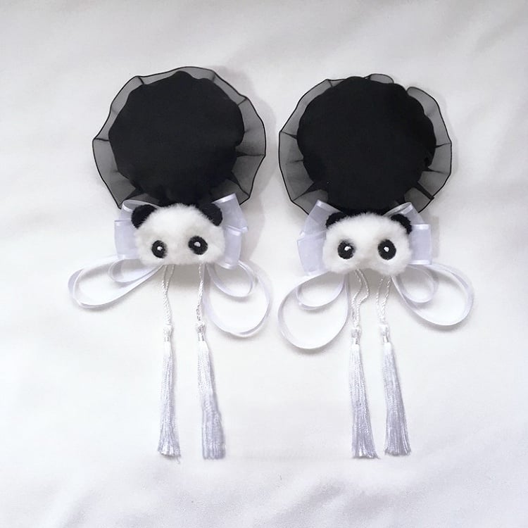 Black Hairclips Cheongsam Trim Tassels Lace Panda Style