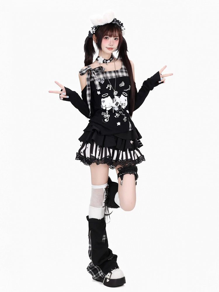 Jet Asymmetric Tartan Cutout Top with Celestial Kitten Print - CRAZY GIRL