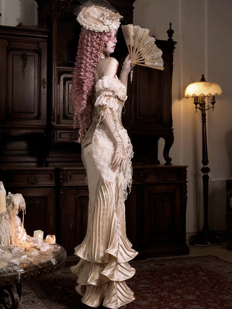 Hem Flounce Light Flowing Pleated Layered Mermaid Design Skirt Beige