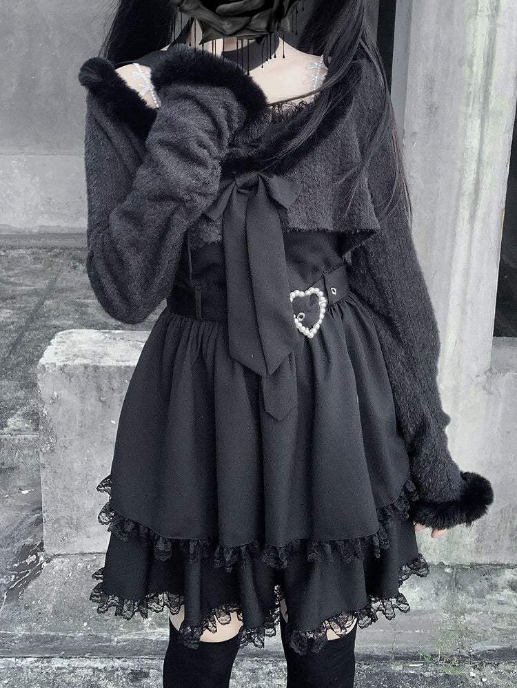 Black Cami Fuzzy Layered Long Top under Collar Belt Style Landmine Sleeve Dress Set: Heart +