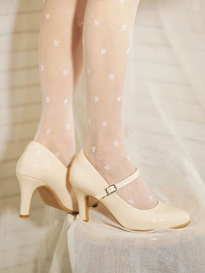 5cm Design Pointed Mid-heel Classic Mary Buckle Toe with Janes Apricot - Strap