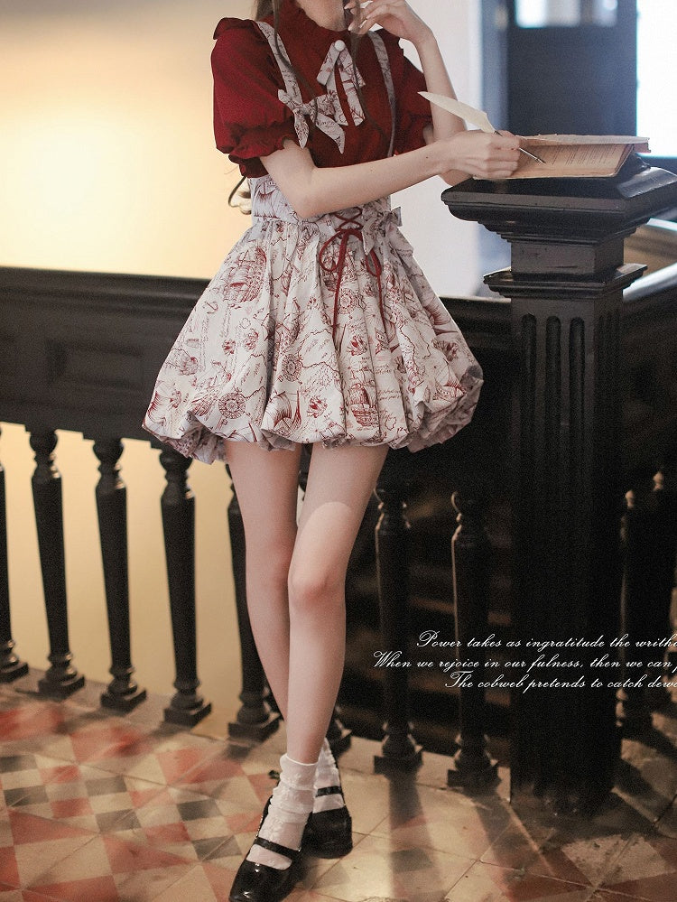 Weinrotes Jacquard-Overallkleid mit Ballonrock und Schnürung in der Taille