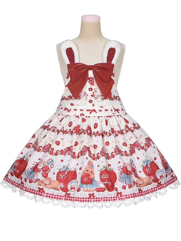 Spring Strawberry and Rabbit Big Bow Rabbit Ears Beige Sweet Lolita Overall Dress