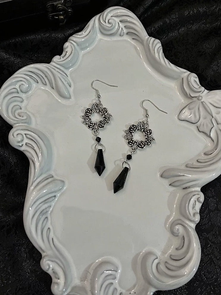 Black Floral Wreath Beaded Drop Earrings