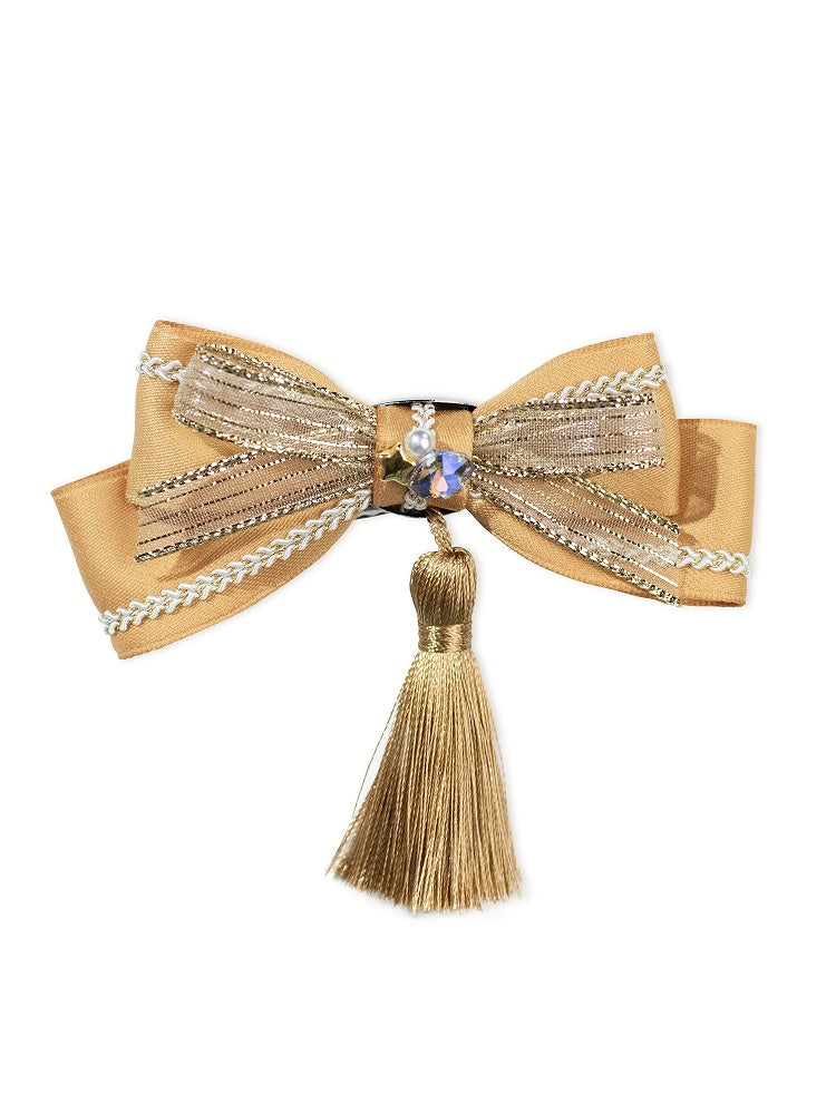 White Yellow Green Dark Blue Bow Lolita Hairclip with Tassel - Crucis Universal Tailor Company