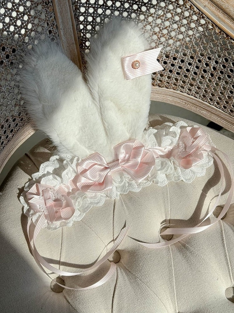 Plush Ear Lolita Striped Bunny Blue/Pink with Hairband Lace Bows Accents and