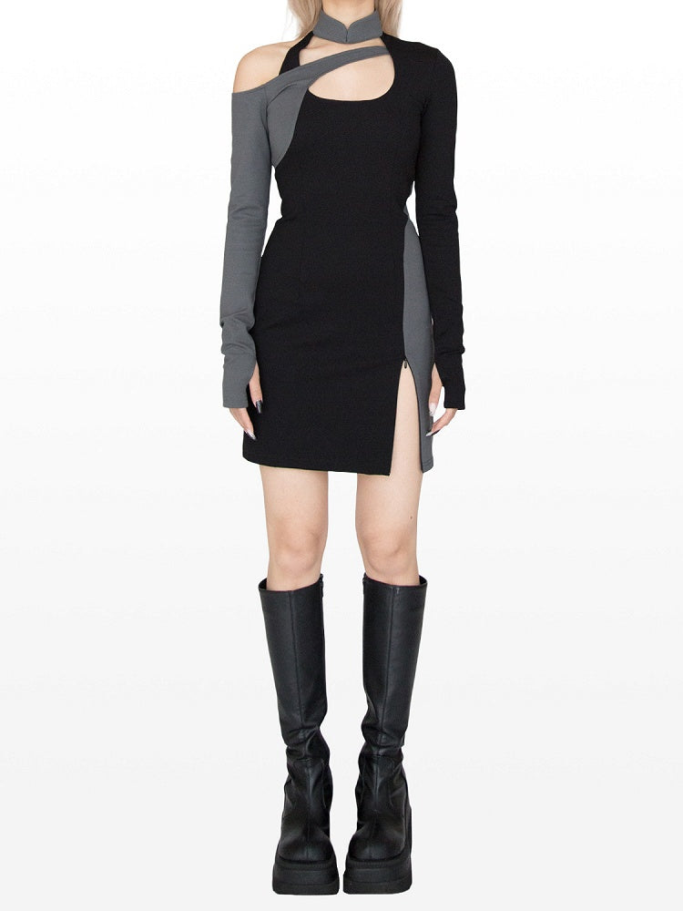 Cyberpunk Schwarz & Grau Stehkragen Cutout Detail Seitenschlitz Glamouröses Kleid