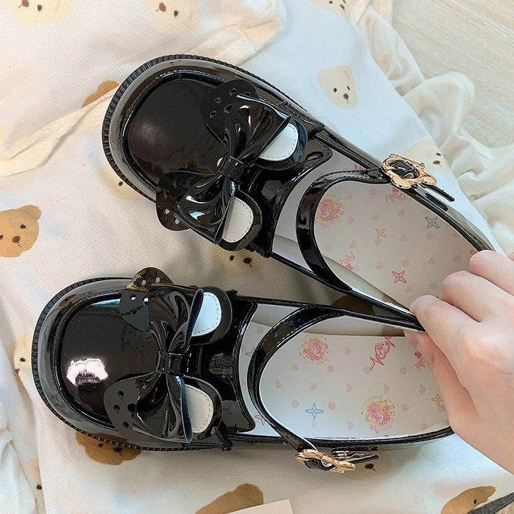 Bear PU Ear Detachable JK - Buckle with Academic Polished Style Shoes Low Bow Heel Black