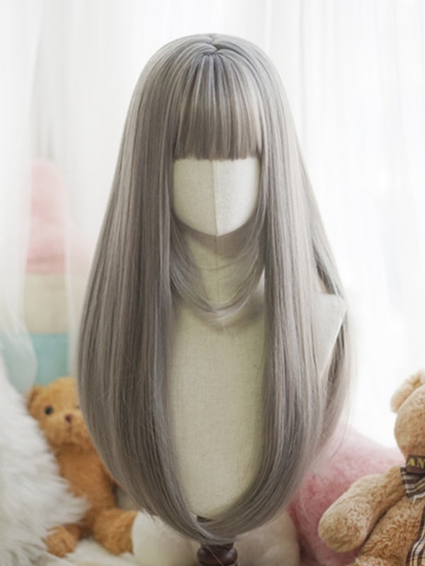 Schwarz/Weiß/Hellblond/Blond/Karamell/Grau Lange, glatte Perücke mit vollem Pony