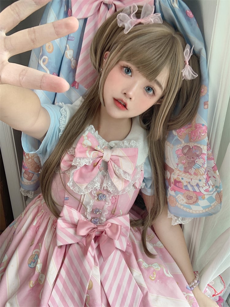 Ears Bow Pink Big Neckline JSK Sweet Lolita Dress Adorable Mouse Print Mouse Design