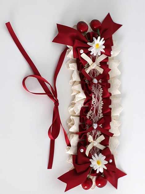 Clips Hairband Daisy Lolita Sweet Cherry Decorated Details Ruffled Bowknot And BeigeRed With