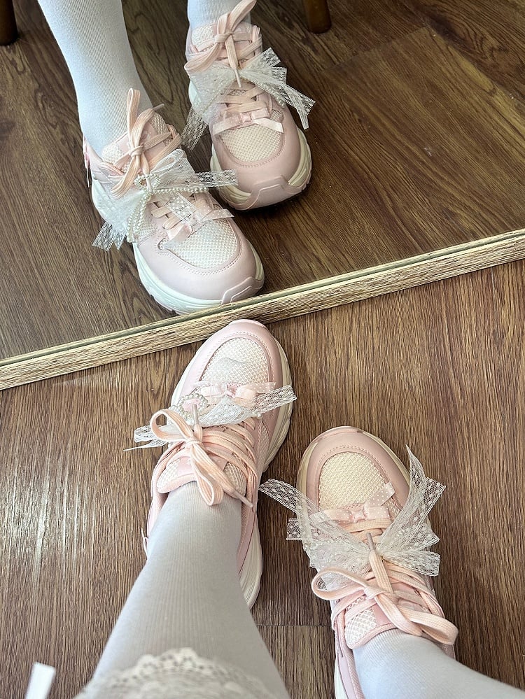 Front Lace-up Details Ties Sneakers Bowknot Decorated Beaded Pink