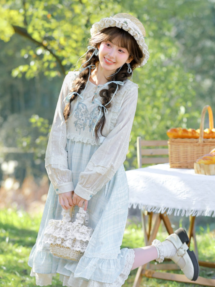 Alice in Wonderland Vibes Blue & White Plaid Butterfly Embroidery Mori Kei Dress