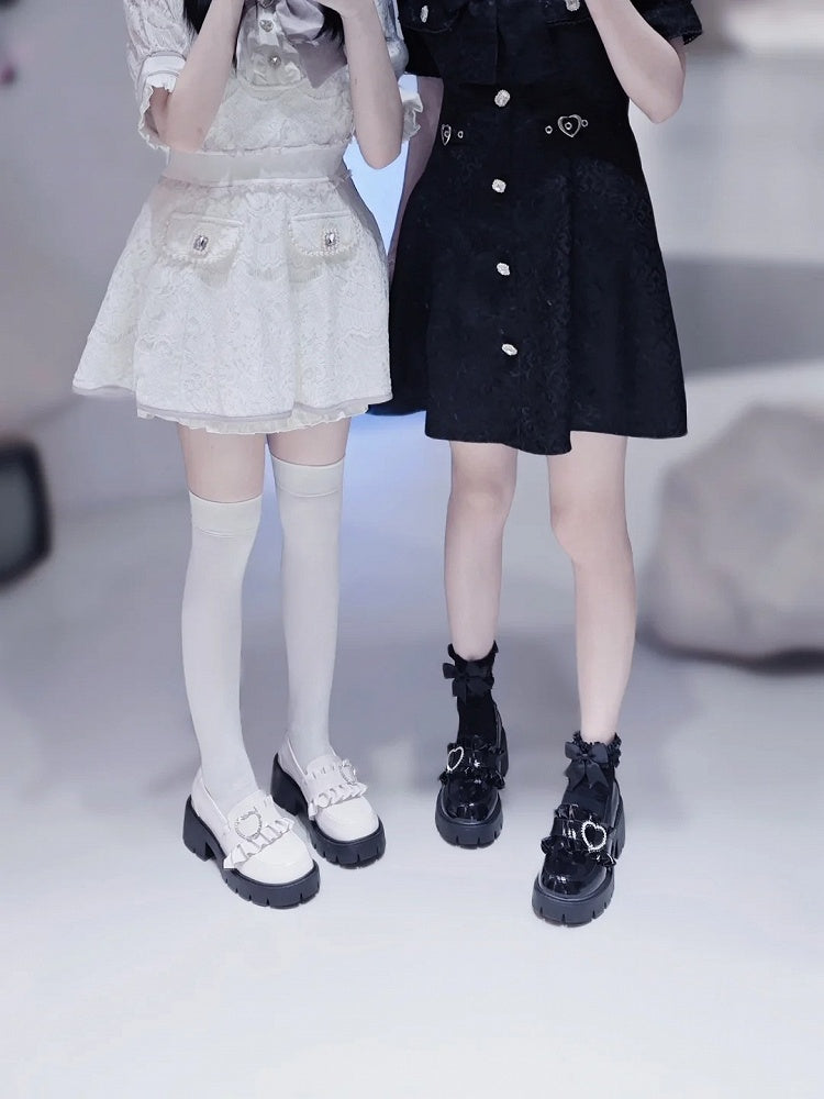 6.5cm White Chunky with Sweetheart Detail Kei Platform Heel Loafers Beaded Jirai