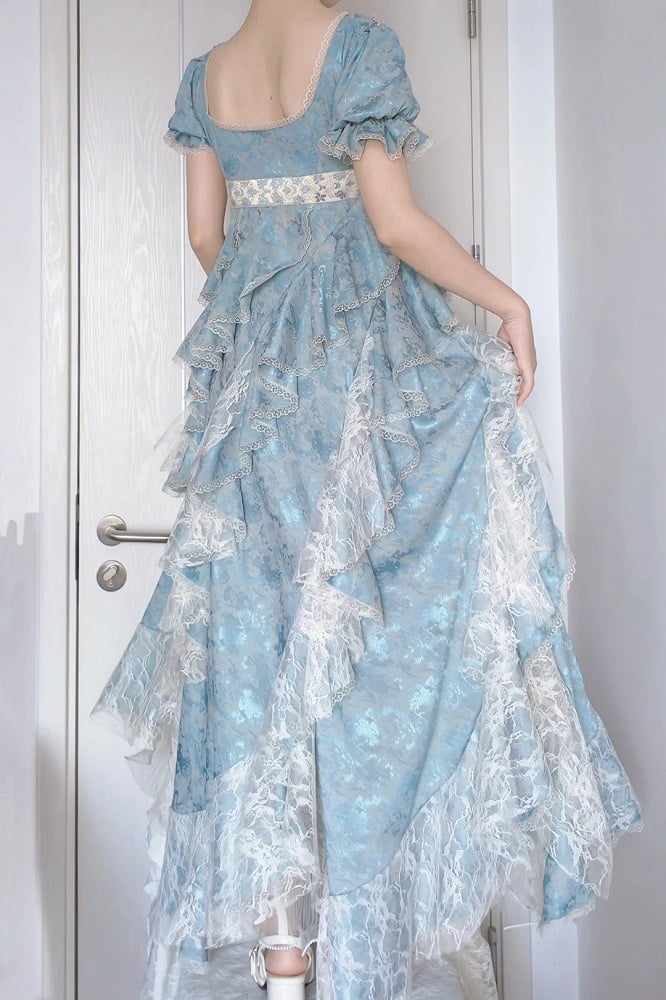 Lolita Sleeves Ruffles Empire Cascading Light Blue Waist Short Dress