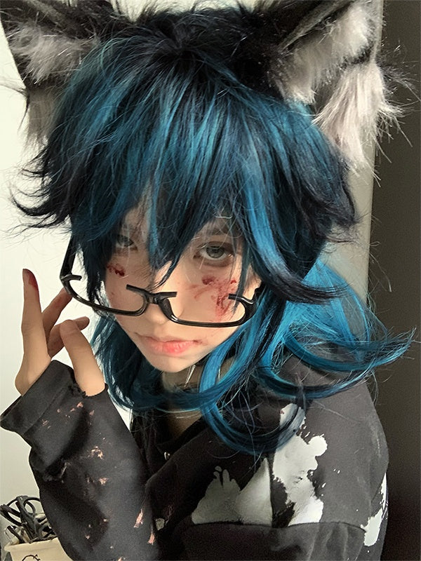 ブルーブラックオンブレロングウェーブ合成ウィッグ(前髪付き)