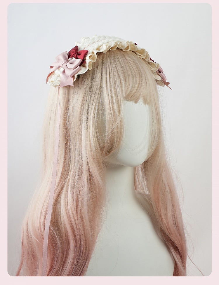 スイートロリータピンクのリボンとフリルのレーストリムのヘアバンド