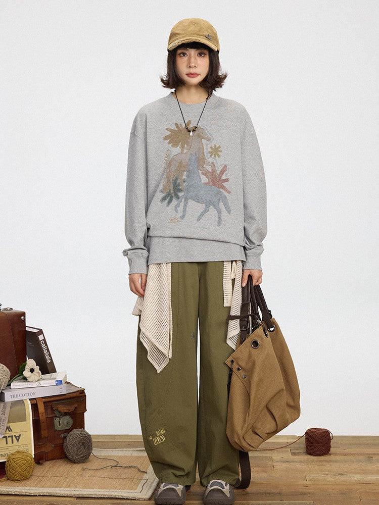 Wide-leg Embroidery Pants Cute Green Cut Vintage