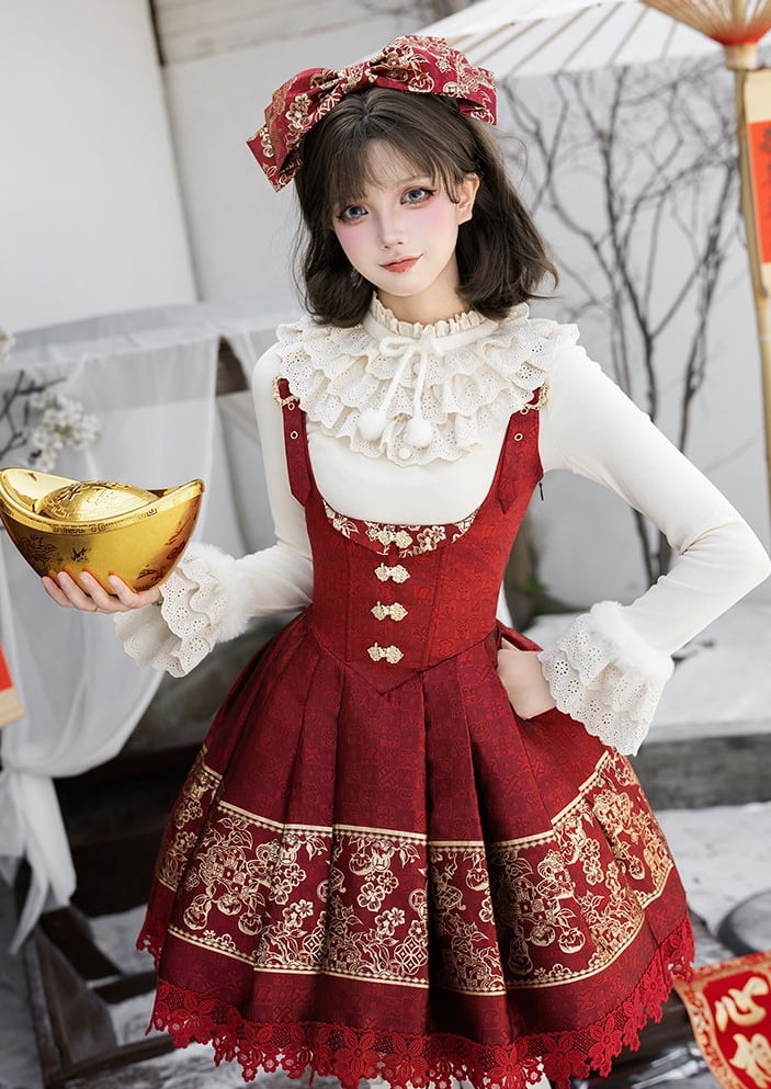 Dress Chinoiserie Waist Short Lolita New Bust Under Version Red Boned Gold Year