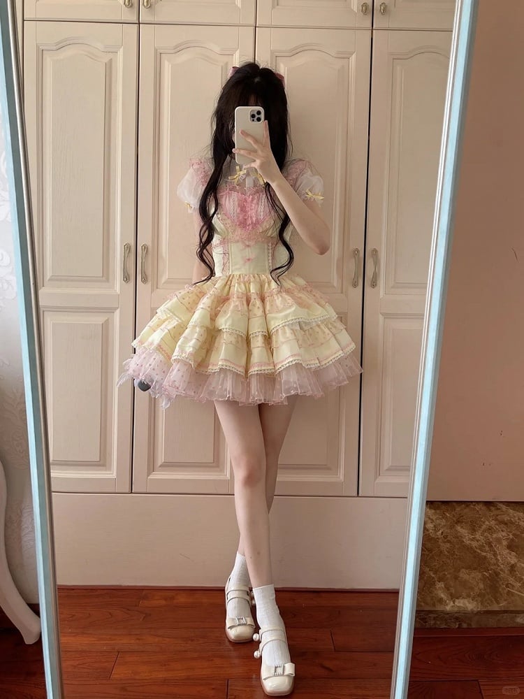 Polka-dot Heart Sweet Ruffled Heart Front Yellow Pink Lolita Dress Pattern