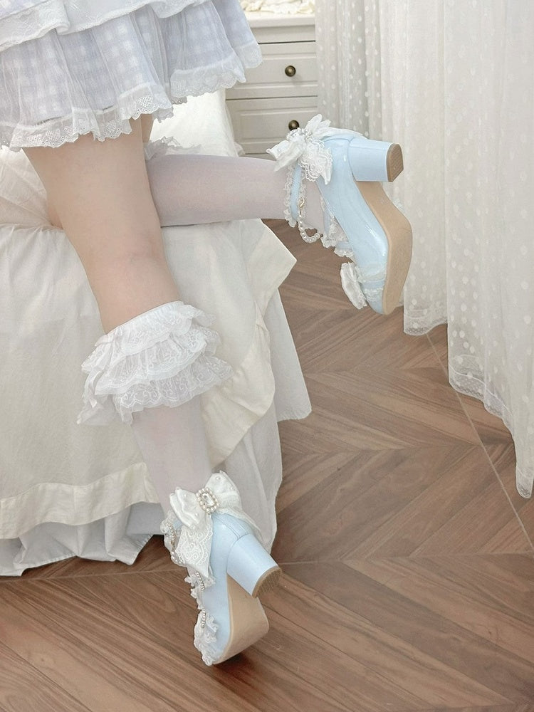 Light Blue Lolita 5cm Mid Heel Shoes with Big Bow and Pearl Embellishments Sweet Style - Sheep Puff