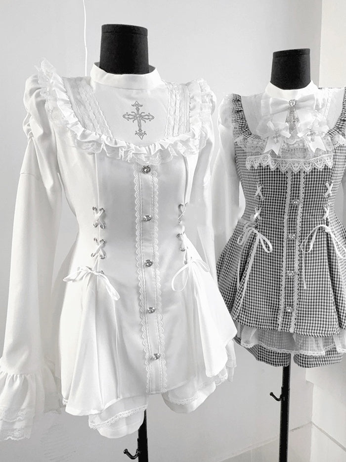 Matching Detachable Set: Bow Lace-Up Bell Sleeve with Waist Shorts Coord Kei Dress White Bib Tie Jirai