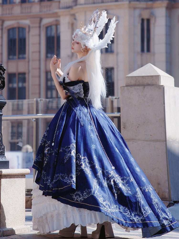 Dunkelblauer und weißer wunderschöner Lolita-Pulloverrock mit Schleppe