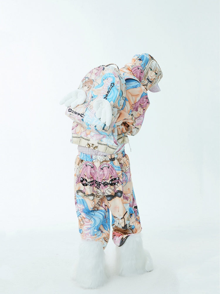 Elastische Taille Cartoon Print Straight Leg Hose Bunt