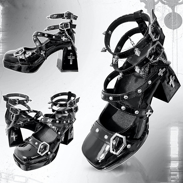 Studs Polished High-heel Cross Black Shoes And Toe Embellished Punk - Velcro Square