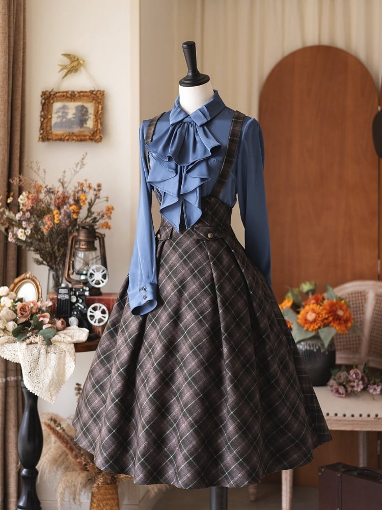 Tie Vintage Style Plaid with Dark Green Skirt Preppy Waist Tonal High Overall