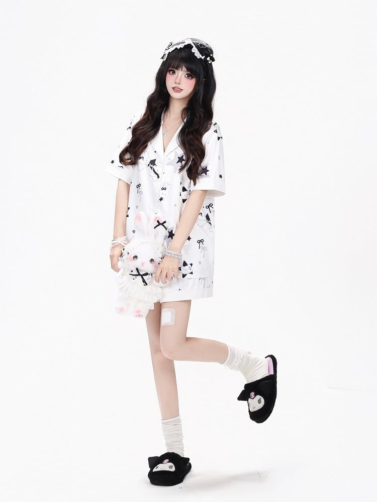 White Daily Kawaii Bunny Print Loungewear Set Short Sleeve Top Shorts - CRAZY GIRL