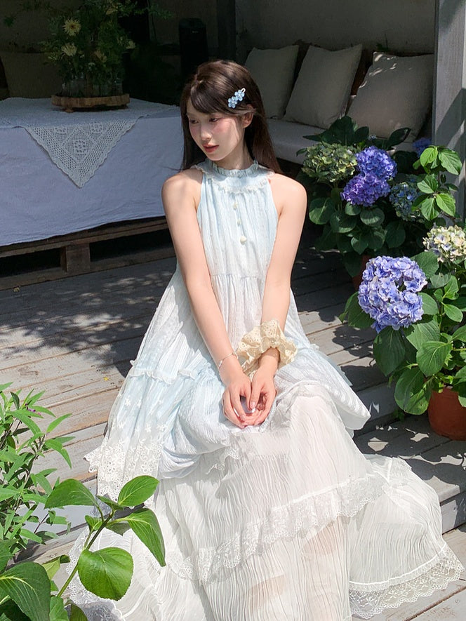 Leichter Rock mit Knöpfen, ärmelloses Kleid mit Neckholder, Bubble Blue, Rüschen, Perlen