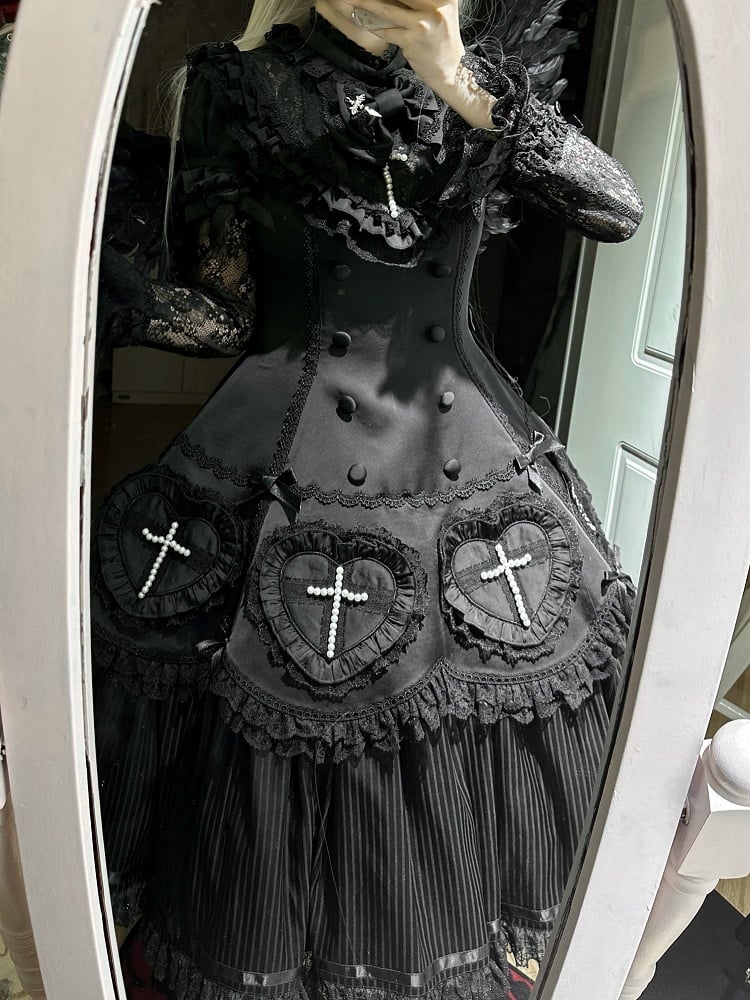 Decoration Ruffle Cross Beaded Lolita Hem Detail with Dress Lace Black and Gothic