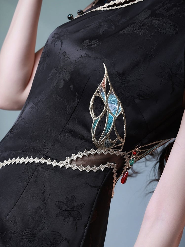 Butterfly Theme Classic Cheongsam Long Dress with Embroidered Fish Tail - sijinstudio
