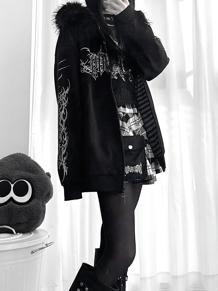 Y2K Dark Hooded Jacket with Detachable Fur Collar and White Floral - Alita26SS