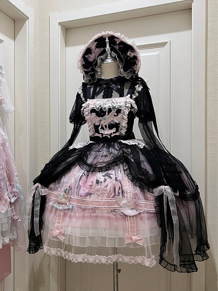 Black and Pink Curtain Tulle Overlay Flying Horse Print Skirt Lolita Jumper Skirt