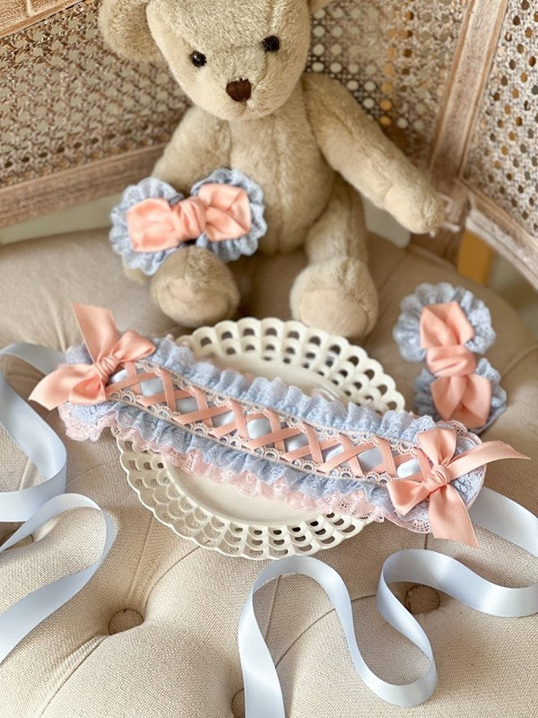 Blue Hairband Bowknots Pink Criss-Cross Lace Ribbon with and