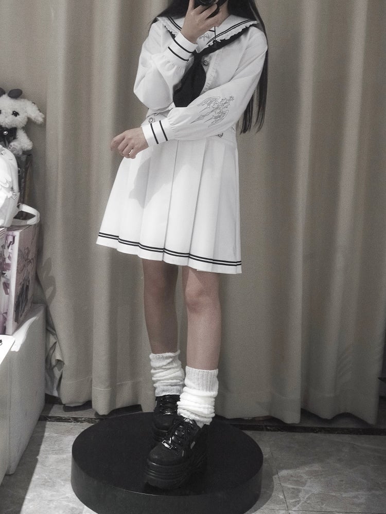 Sailor Set- Sleeves Uniform White Navycore JK Embroidered Collar Top Pleated Long Skirt +