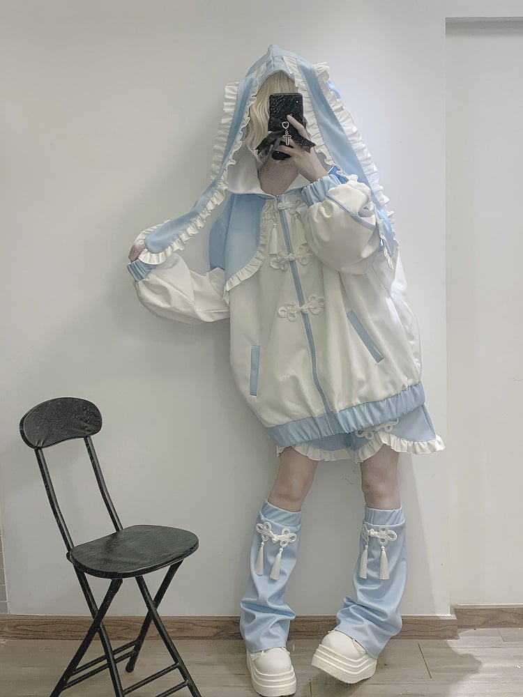 Tenshi Kaiwai Blue Jirai Kei フリルトリムノットボタンショーツ