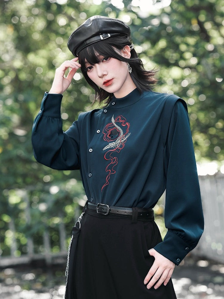 Navy Stand-Collar Asymmetric Shirt with Skeleton Whale Embroidery - Quirky Hut