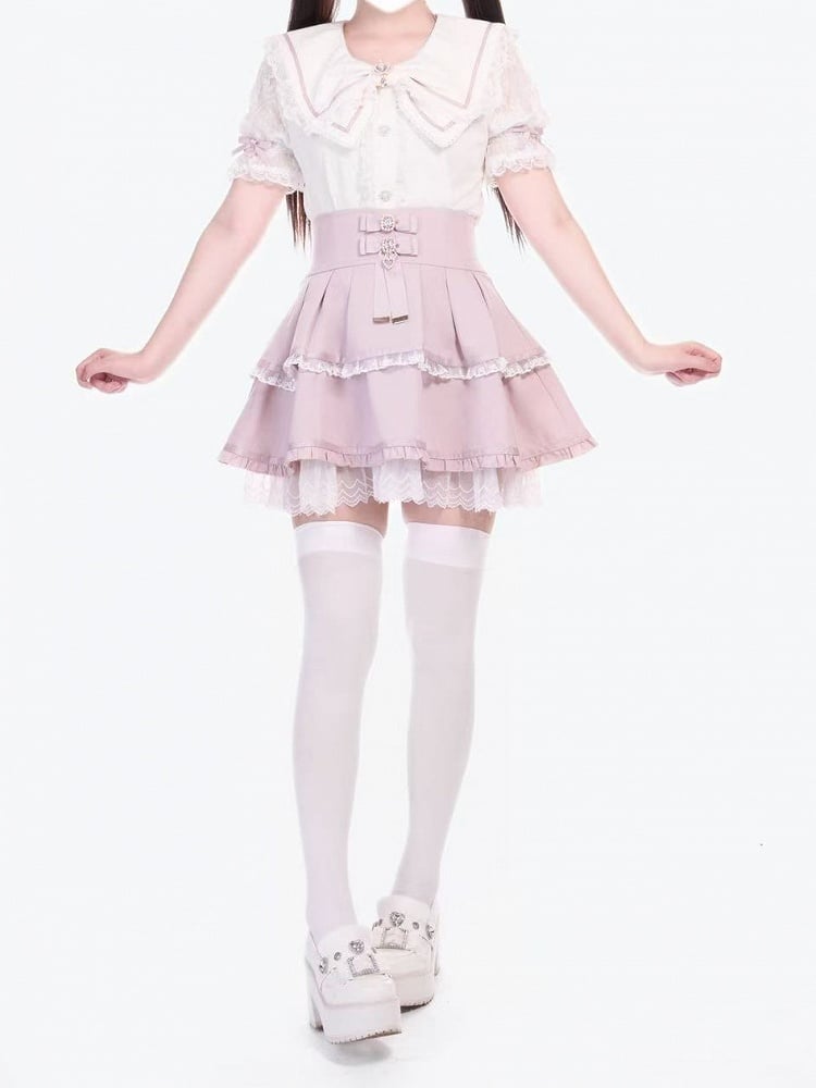 Bowknot Pink High Waist Jirai Kei Tiered Skirt Accents Rhinestone with