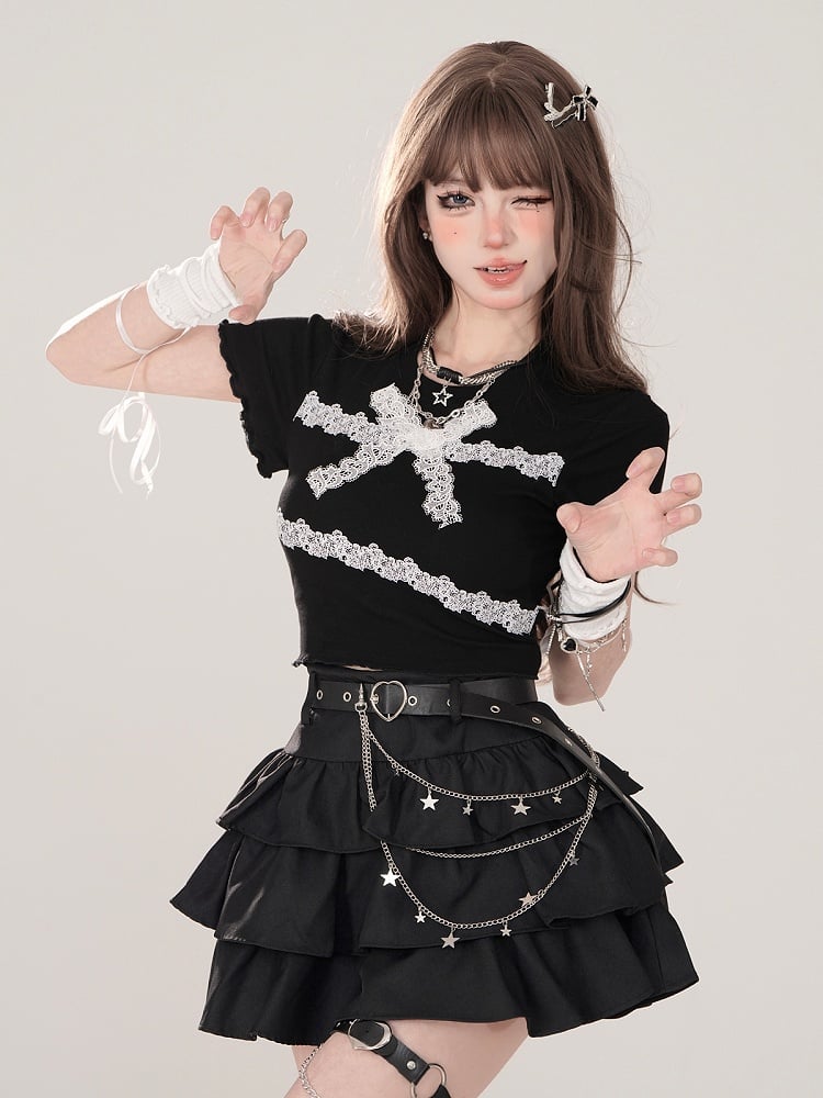 Chain Black Tiered Skirt with Heart Buckle Belt and Waist