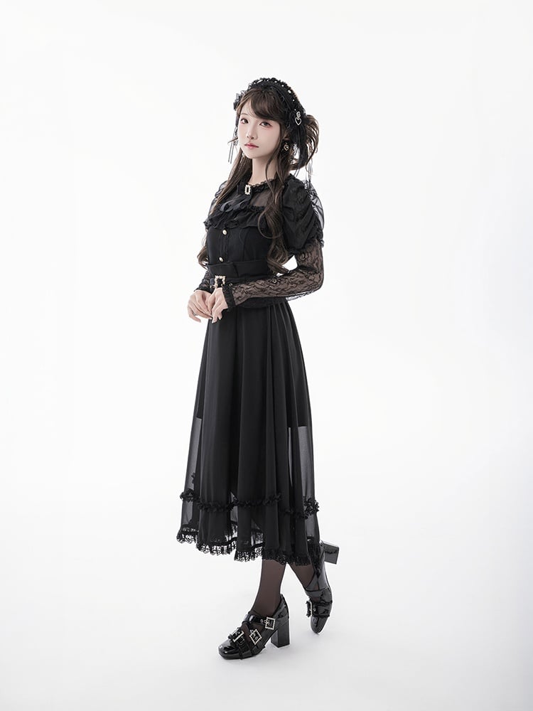 Tie Black Illusion Neckline Juliette Sleeves Jirai Kei Lace Blouse+Bow