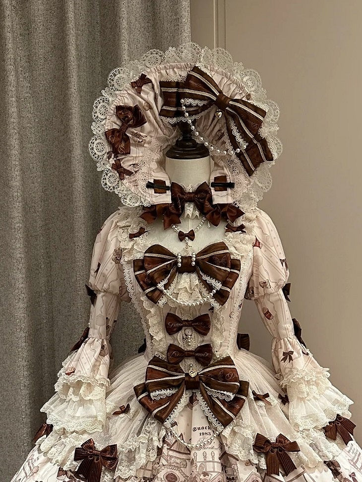Sweet Bonnet Lace-Trimmed Bead Accents Bows Brown and with Lolita
