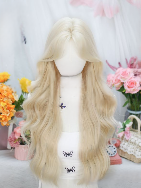 Curtain Bangs Wavy Blonde Long Wig Light