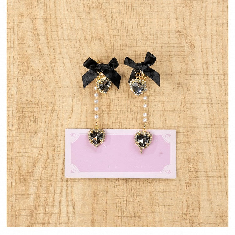 Kei Rhinestones / Dusty Pink Bow Ear Jirai Beaded | Clips White Heart Black Chain with
