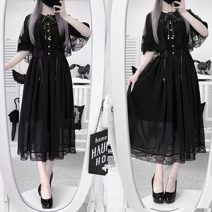 Schwarz mit Spitze, Schnürung, Jirai-Silhouette, verstellbar und Taille, Kei-Kleid, Chiffon-Umhang