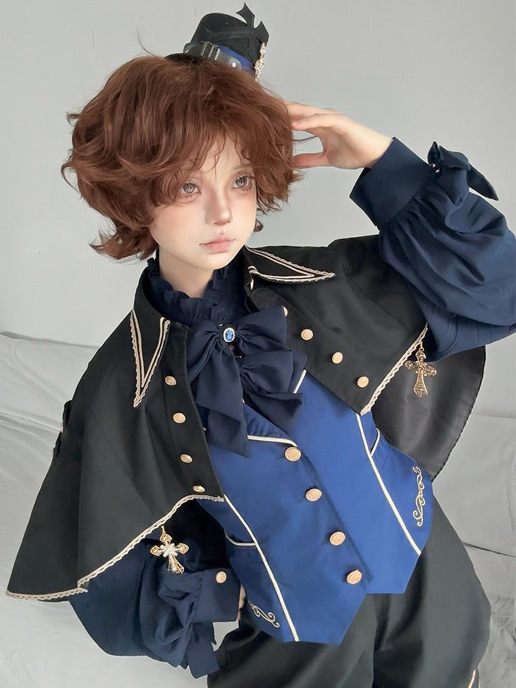 4-Piece Ouji Lolita Ensemble Blue & Black Vest Blouse Shorts Set - Castle Too