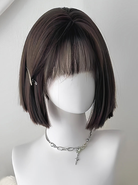 ストレートブラックウィッグショートバングエア